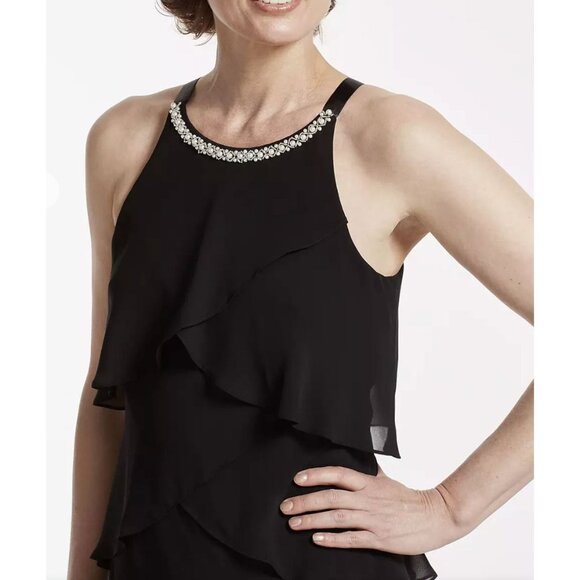 Size 12 BLACK CHIFFON TIERED DRESS W/PEARL BEADED NECKLINE Wedding Evening Party - Picture 3 of 6